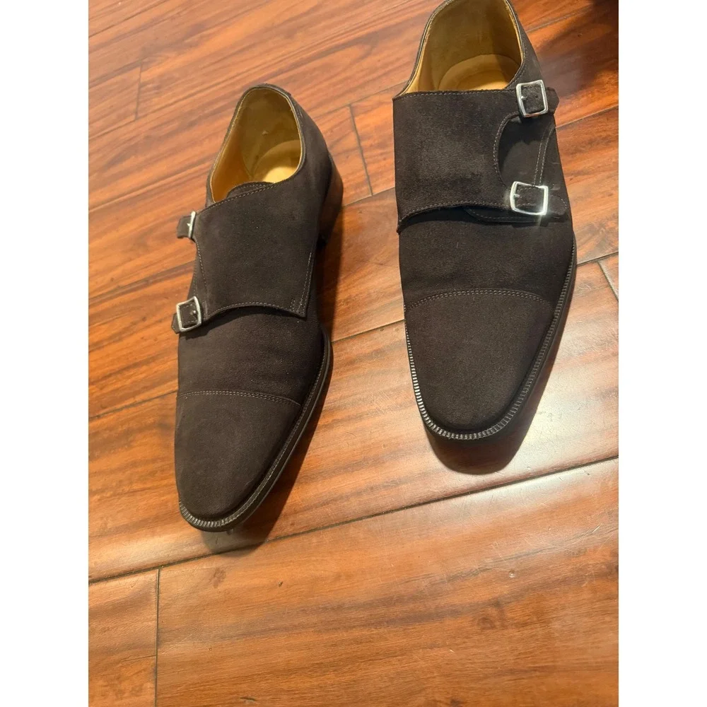 Suitsupply Mens Dark Brown Suede Double Monk Strap Shoes Made in Italy Size 44